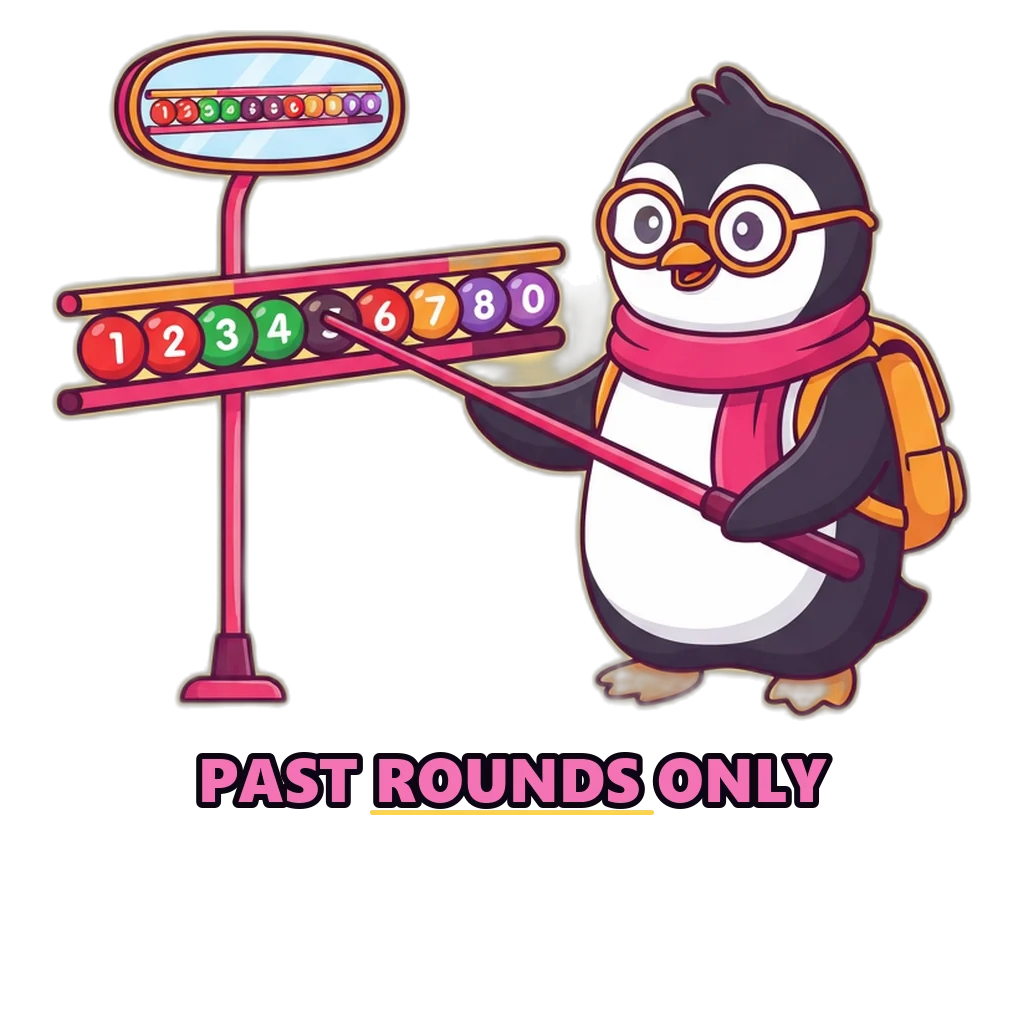 Penguin pointing at a strip of recent results, reminding readers it shows past rounds, not the next number