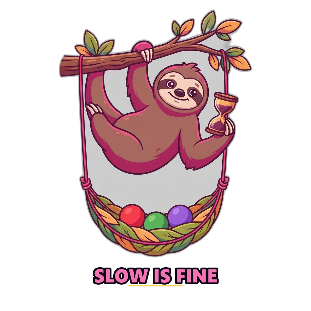 Sloth hanging from a branch with a sand timer, a reminder to keep practice sessions short
