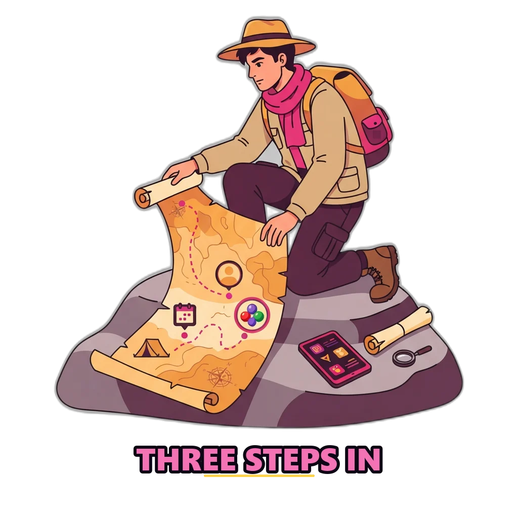 Treasure hunter tracing a map with three stops, showing the steps to start the colour prediction demo