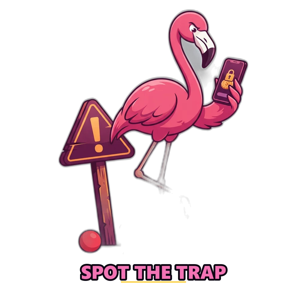 Flamingo beside a warning sign, eyeing a phone with a locked coin balance, a common app scam