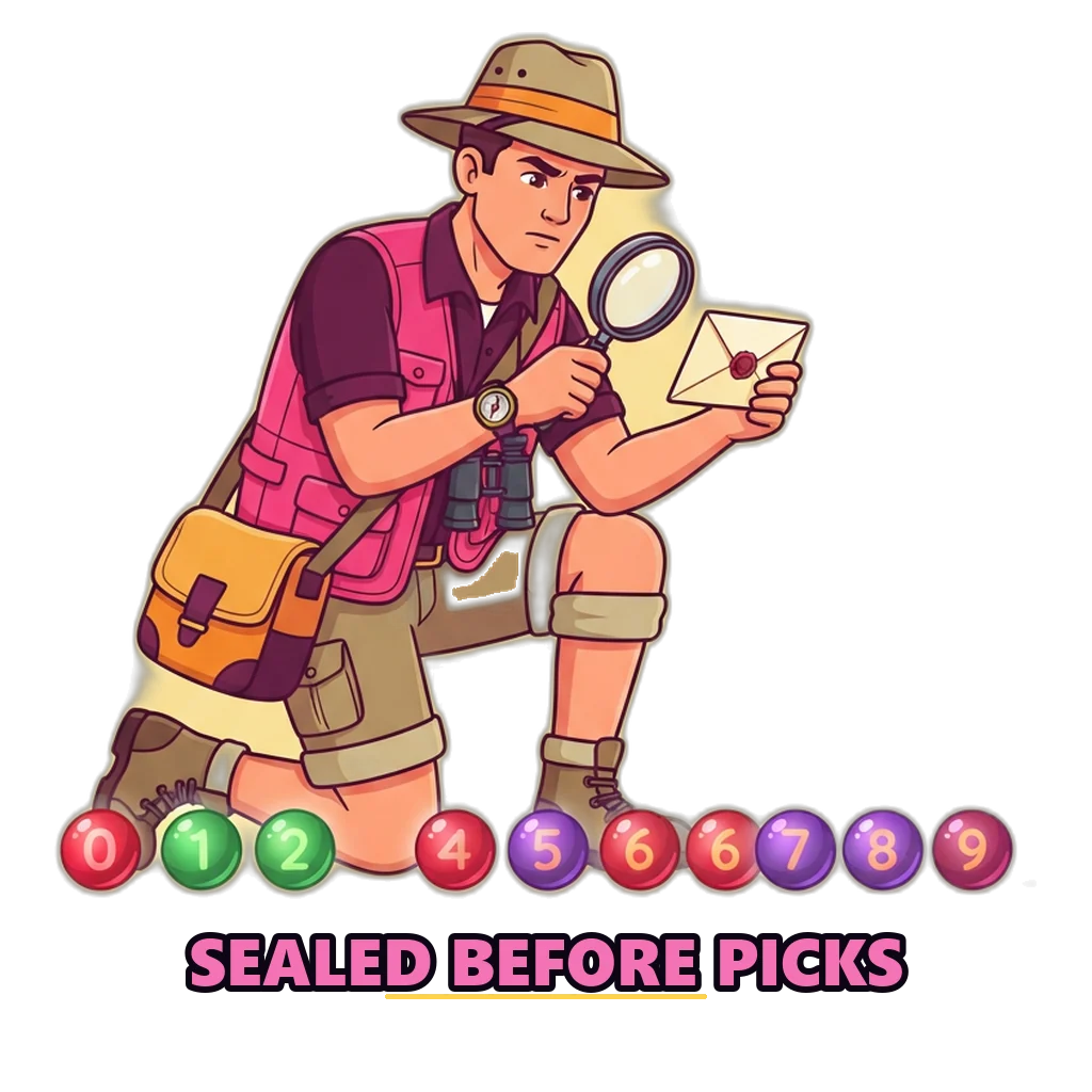 Jungle explorer checking ten numbered balls and a sealed envelope, each digit with the same chance