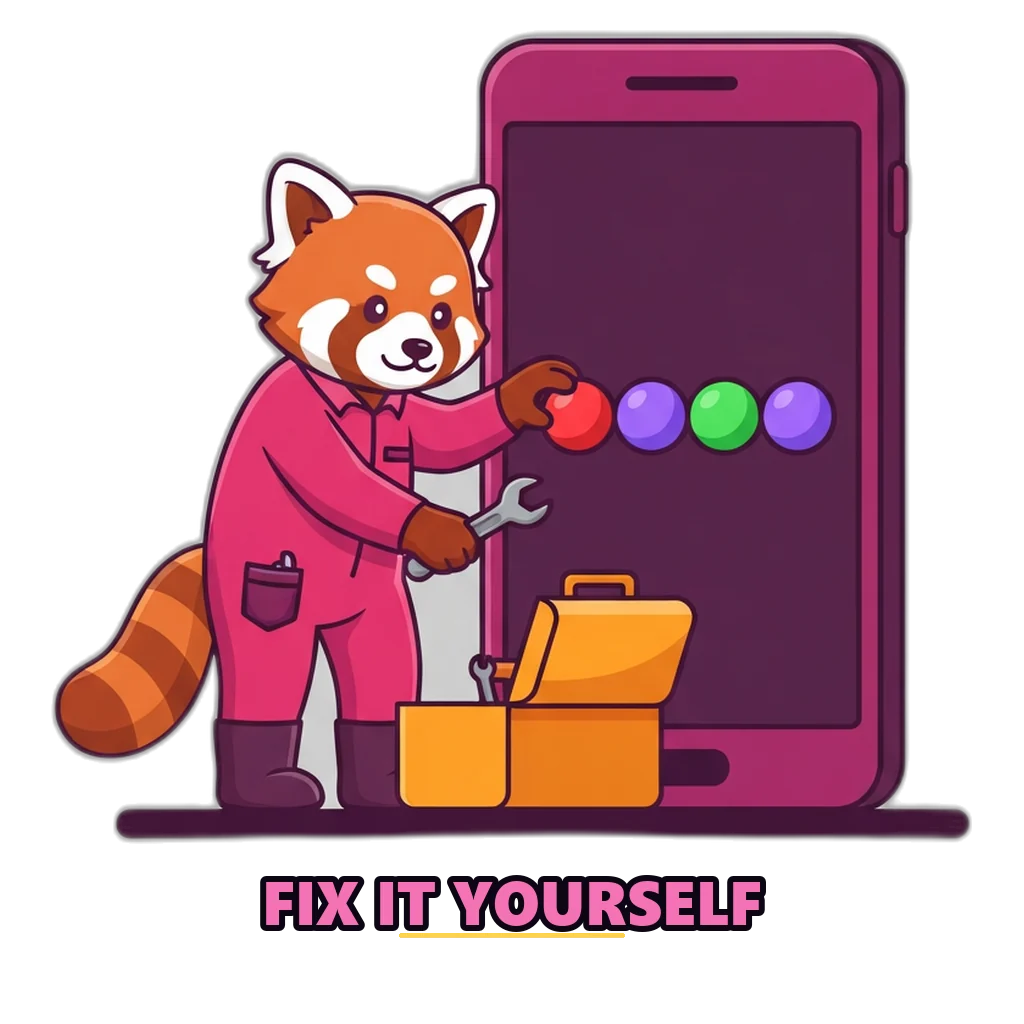 Red panda with a toolbox fixing a phone screen, a Sagar Club customer care self-help idea
