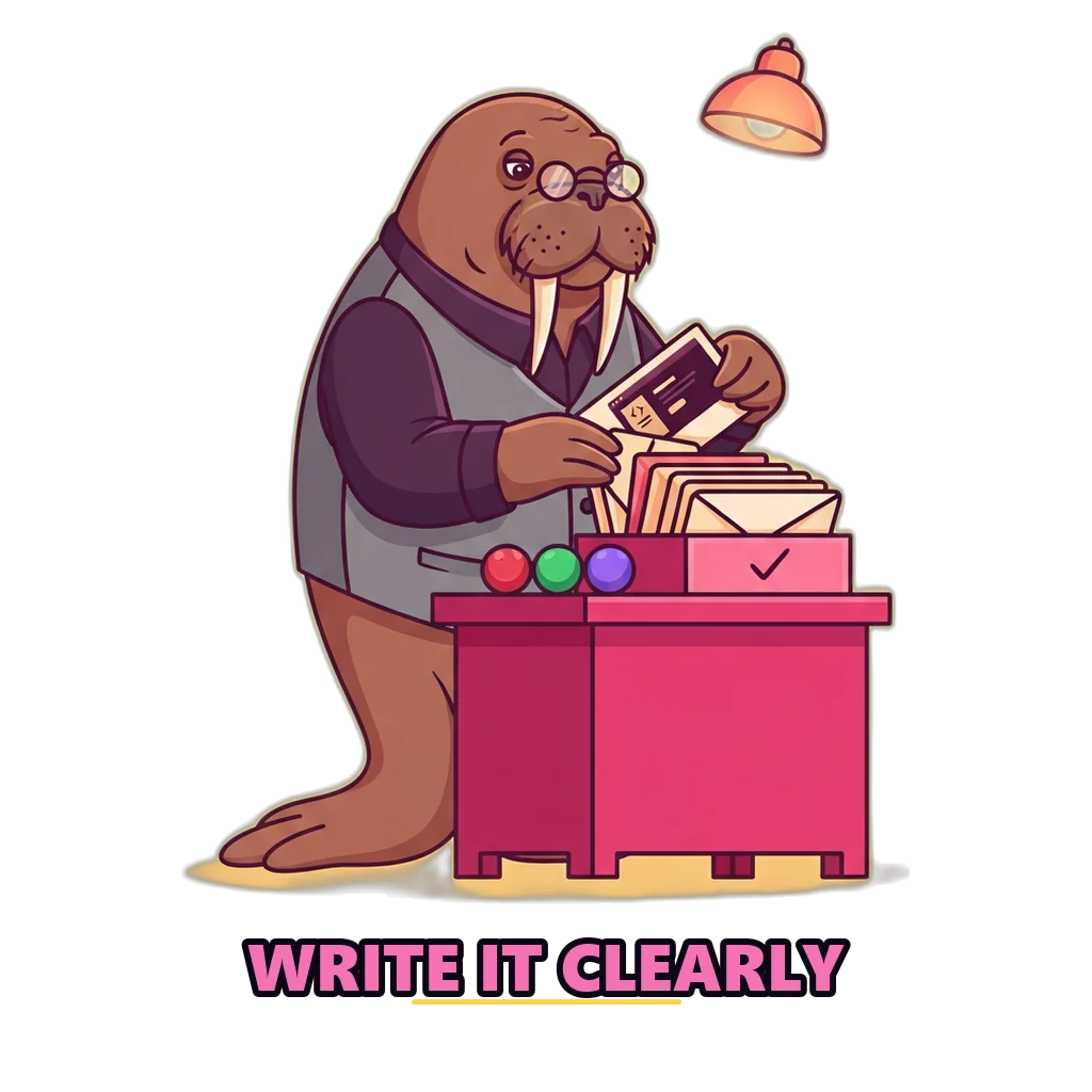 Walrus at a help desk sorting clear messages with screenshots, showing how to write to the site team