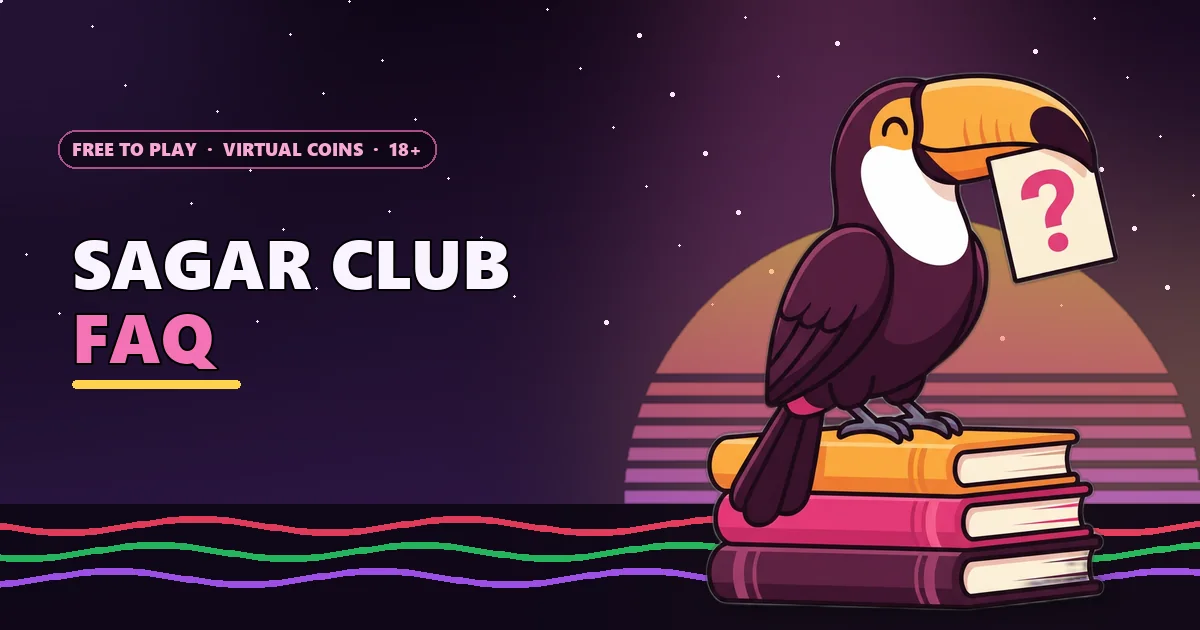 Toucan mascot on a stack of books with a question card for the Sagar Club FAQ