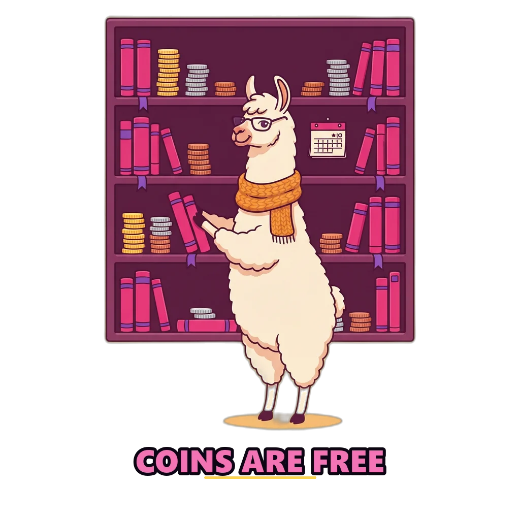 Llama librarian shelving coin-shaped books that hold the free coin and daily bonus facts