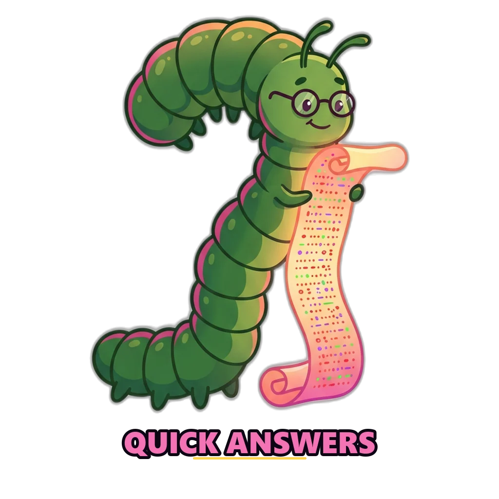 Caterpillar curled into a question mark, reading a glowing scroll of answers from the Sagar Club FAQ