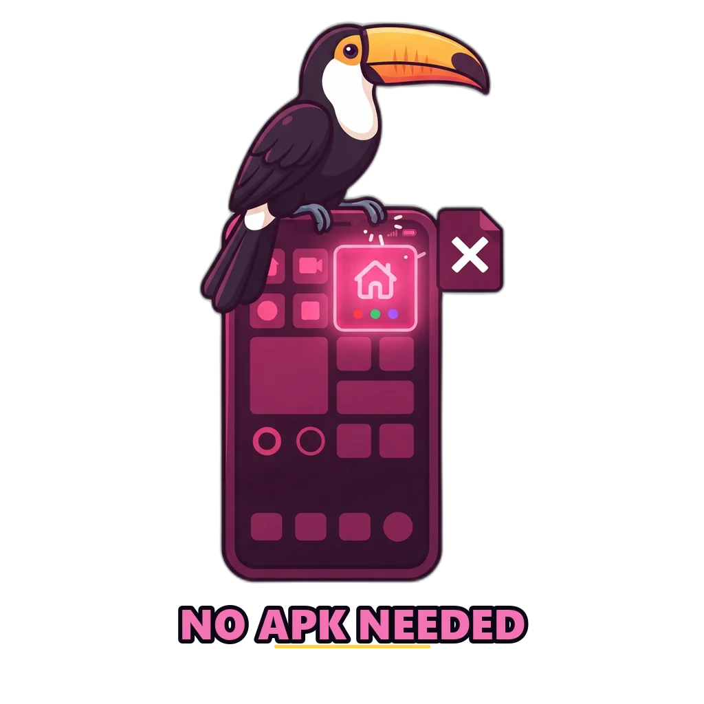 Toucan perched on a phone beside a home-screen game tile, with no APK file needed