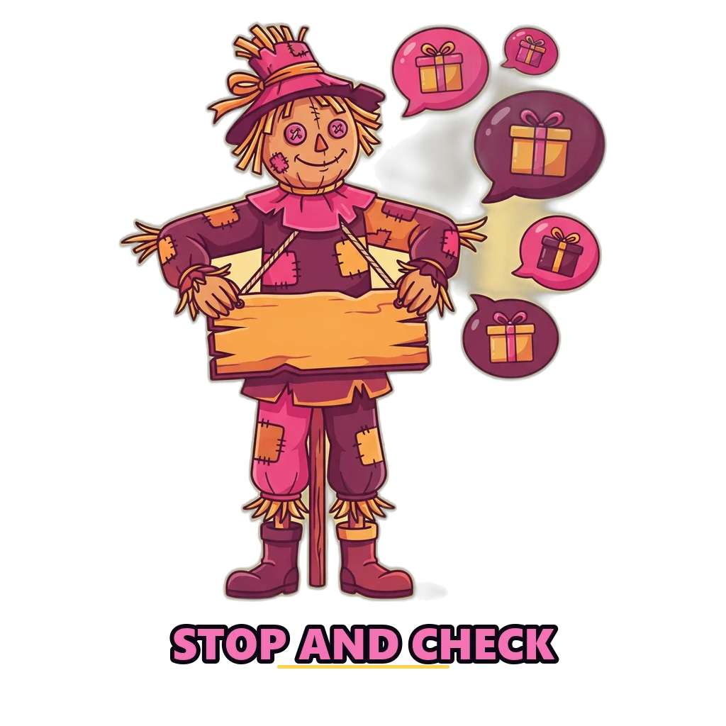 Friendly scarecrow holding a warning sign in front of chat bubbles full of fake code offers