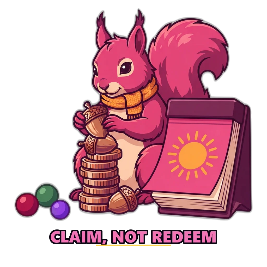 Squirrel stacking acorn-shaped coins beside a day calendar, showing free daily bonus coins need no code