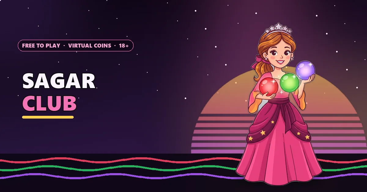 Star princess mascot holding up red, green and violet balls on the Sagar Club banner