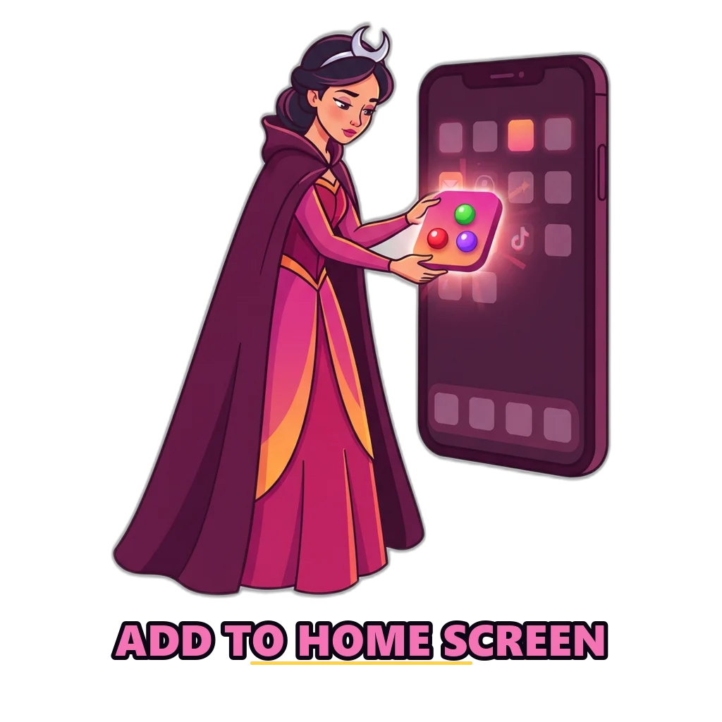 Princess with a crescent tiara placing the game icon onto a phone home screen