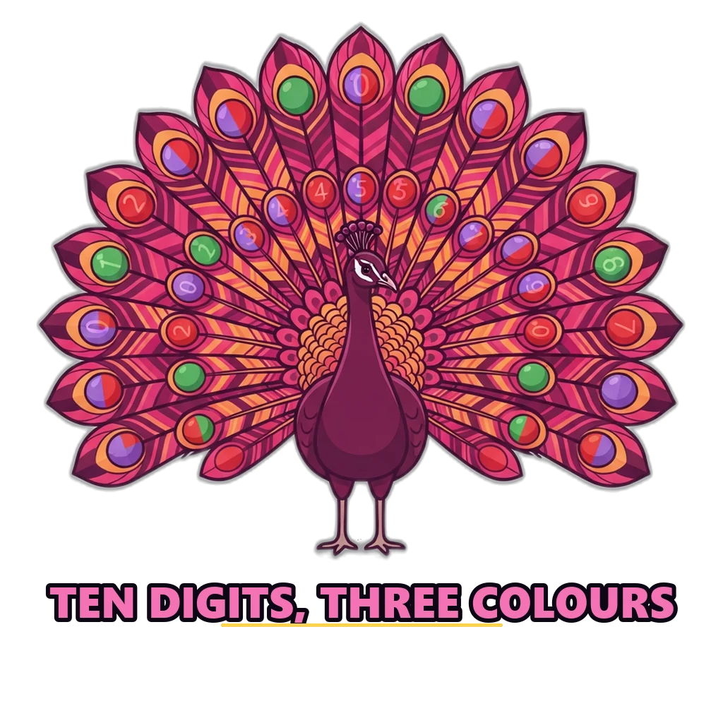 Peacock fanning tail feathers shaped like numbered balls in red, green and violet to show the colour map