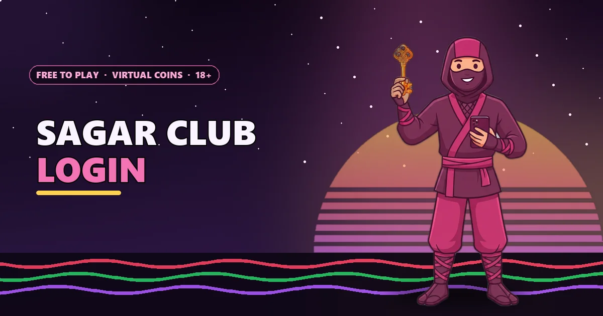 Sagar Club लॉगिन गाइड के लिए चमकती चाबी और फ़ोन पकड़े निंजा मैस्कॉट