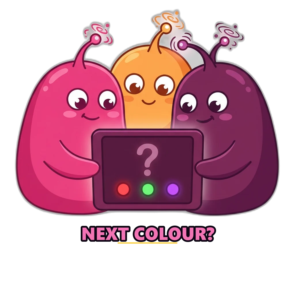Three cartoon aliens stare at a tablet showing a question mark over red, green and violet balls
