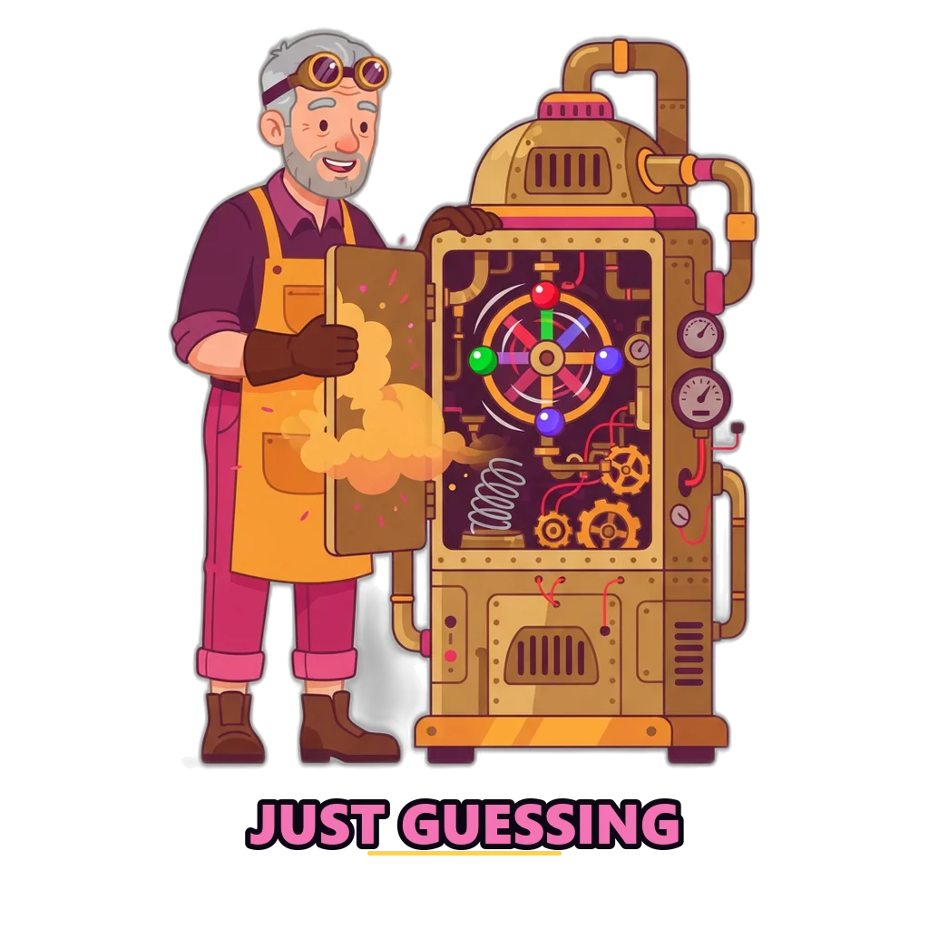 An inventor opens a smoking machine labelled colour prediction AI and finds only a wheel of coloured balls