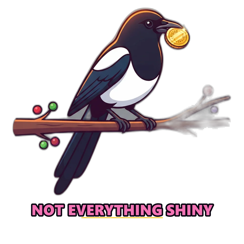 A magpie holds a shiny fake coin over a phone showing a warning shield