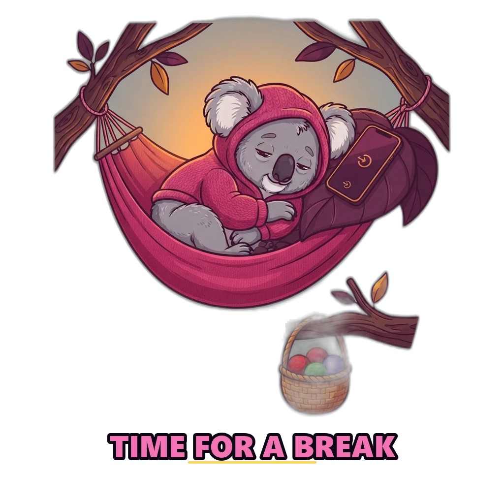 Koala resting in a hammock with the phone face-down, showing a break from the game is normal