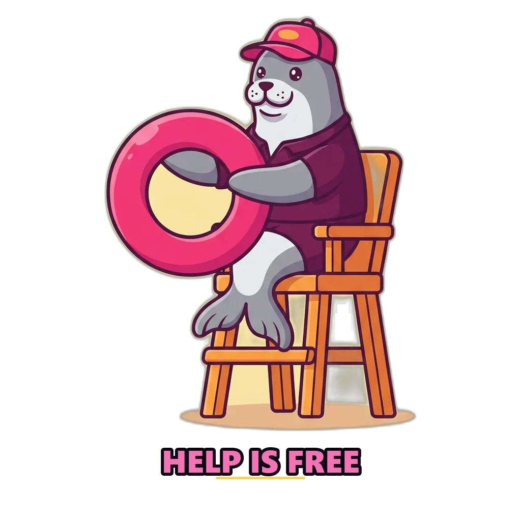 Lifeguard seal holding out a life ring, a friendly sign that free help lines are always close by