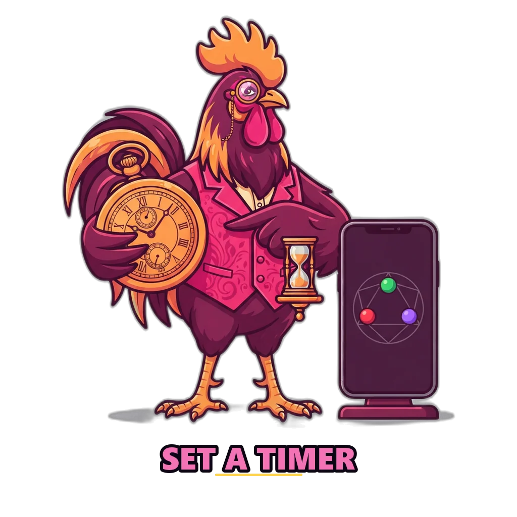 Rooster timekeeper with a pocket watch by a phone, a Sagar Club responsible gaming reminder to set limits