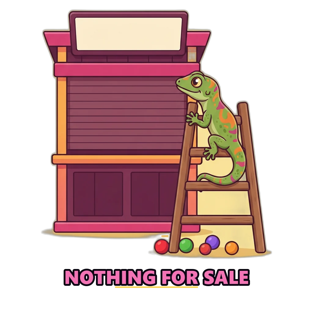 Gecko on an unlabelled ladder by a shuttered stall: no Sagar Club VIP levels exist to buy