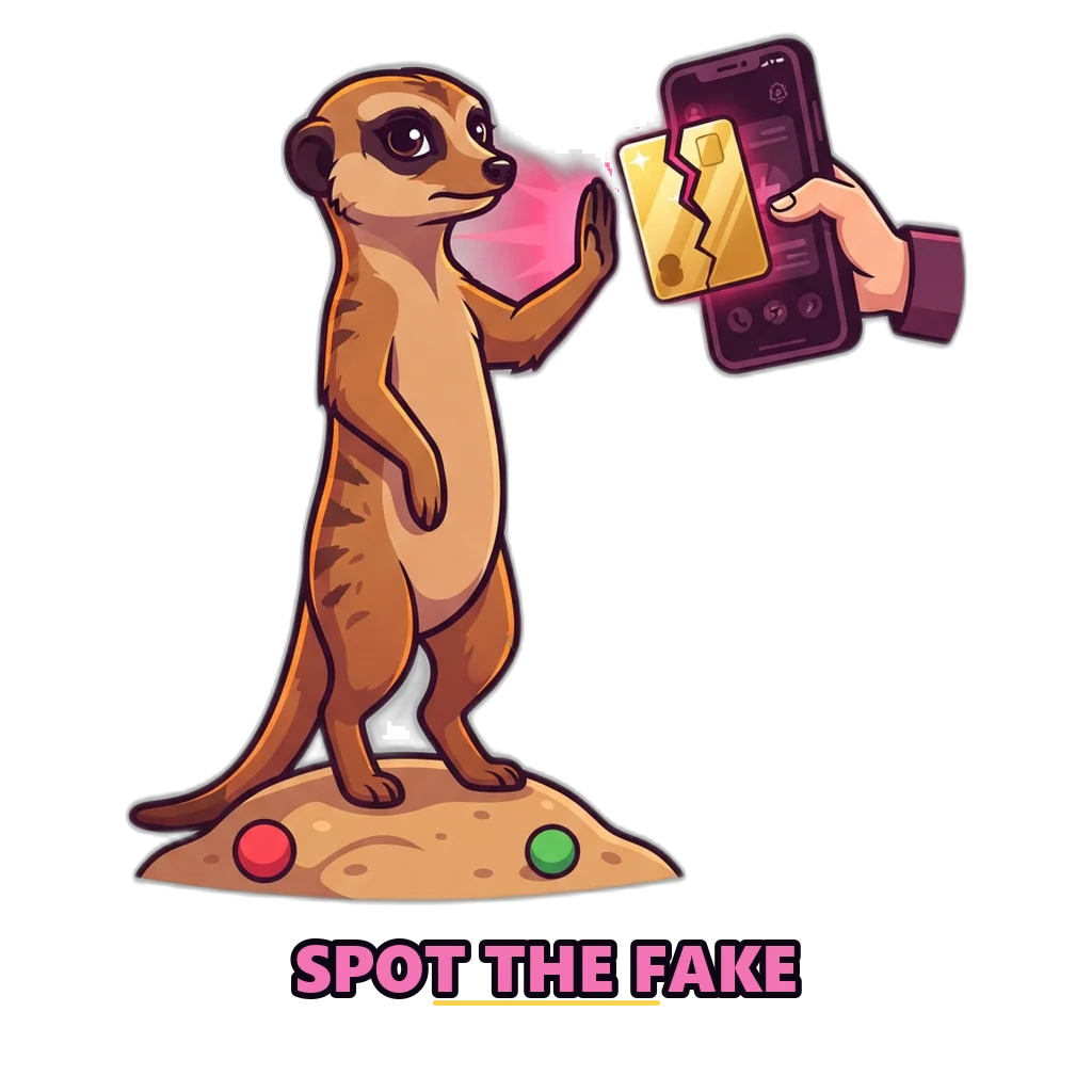 A watchful meerkat stops a cracked fake gold card pushed out of a phone screen