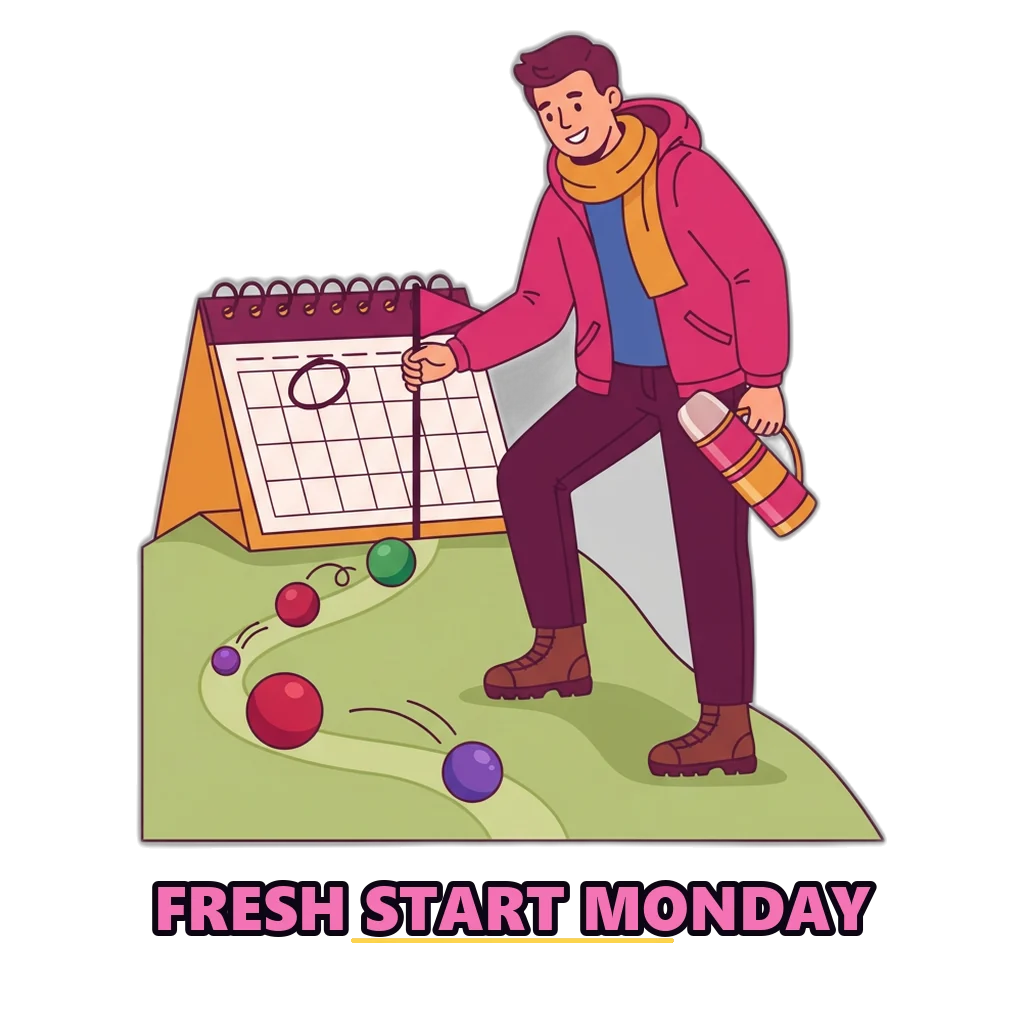 A mountaineer plants a flag beside a calendar with Monday circled, showing Weekly Ranks start fresh each week
