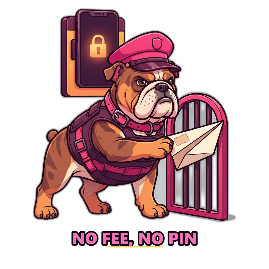Bulldog guard at a gate turning away a paper plane carrying a fake withdrawal fee request