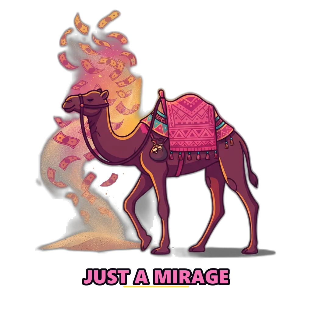 Camel walking past a fading mirage of banknotes, a reminder that free game coins never turn into cash